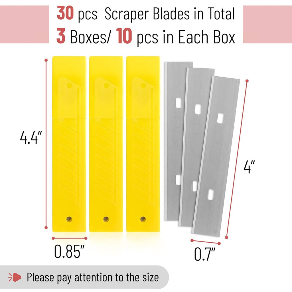30 scraper blades, yellow and silver, 4.4 in long, 0.7 in wide