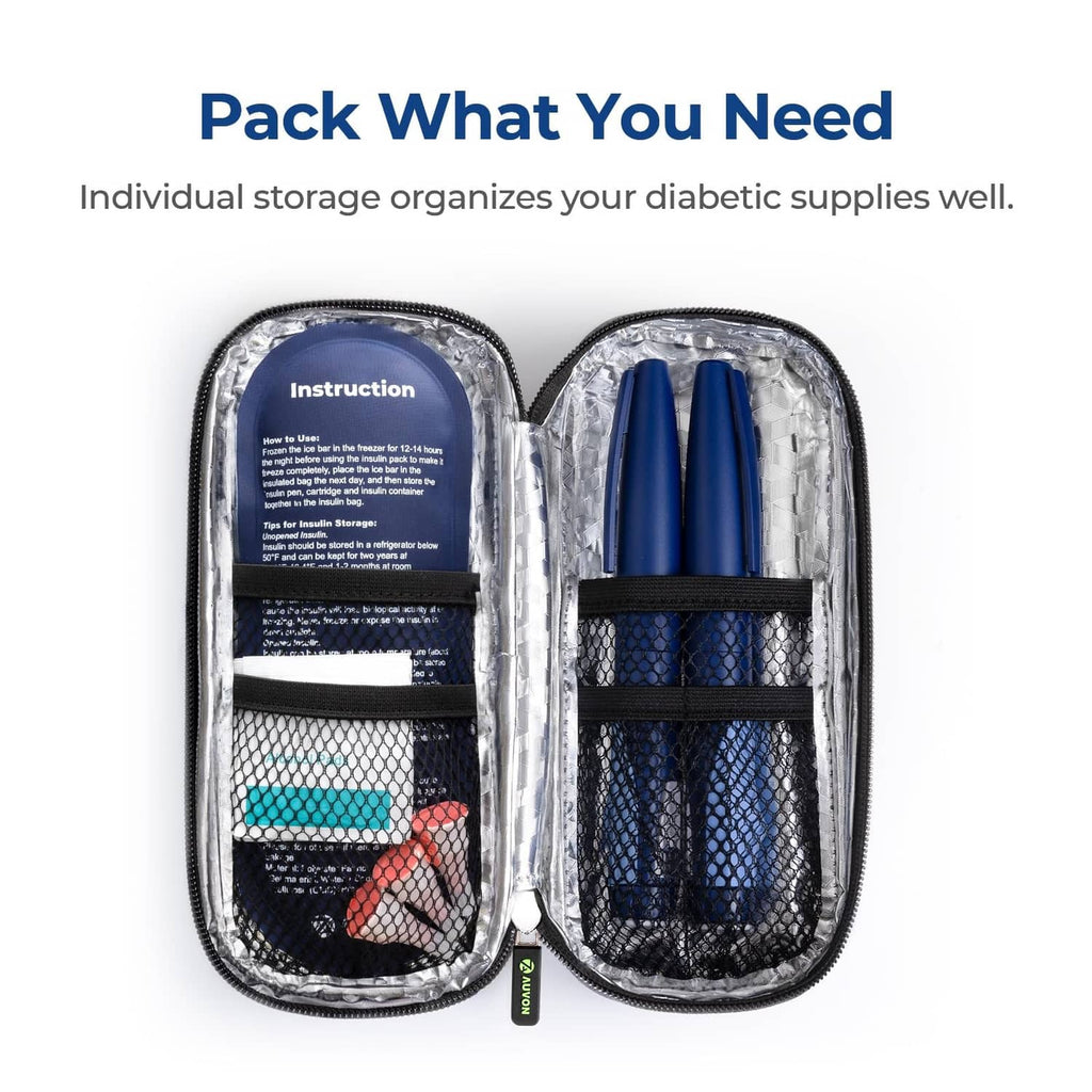 AUVON teal insulin cooler travel case opened with two blue cooling cylinders and mesh storage