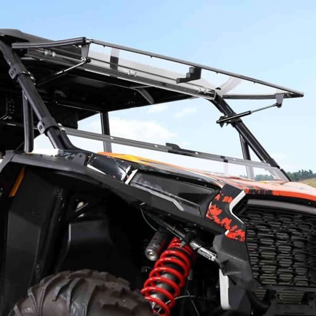 Clear front flip windshield panel on black mounting frame with side supports