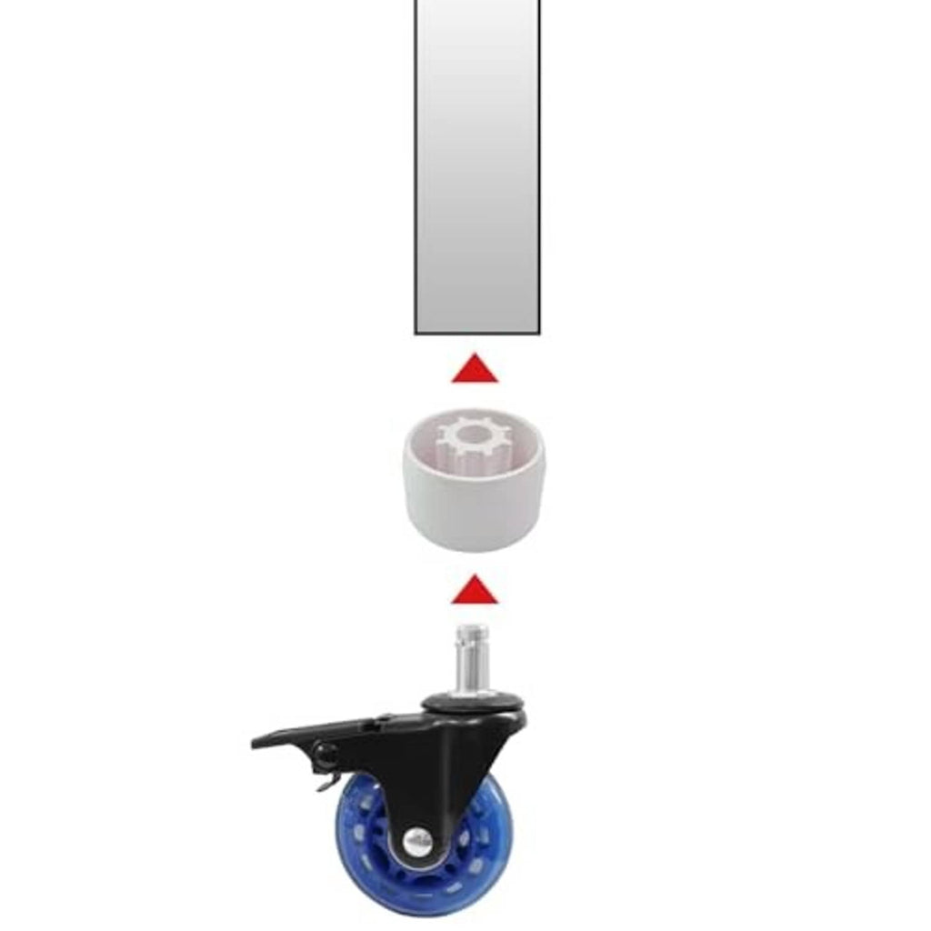 Caster with attached white pipe cap fitting on the caster stem connection