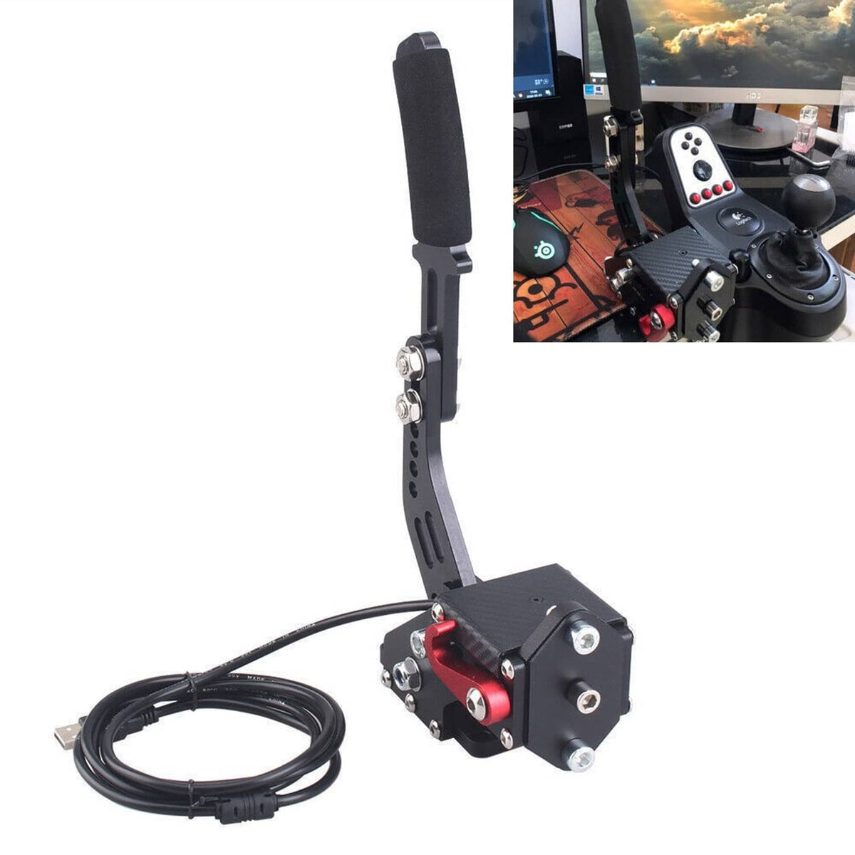 PC USB handbrake controller with black lever, metal base, and attached cable