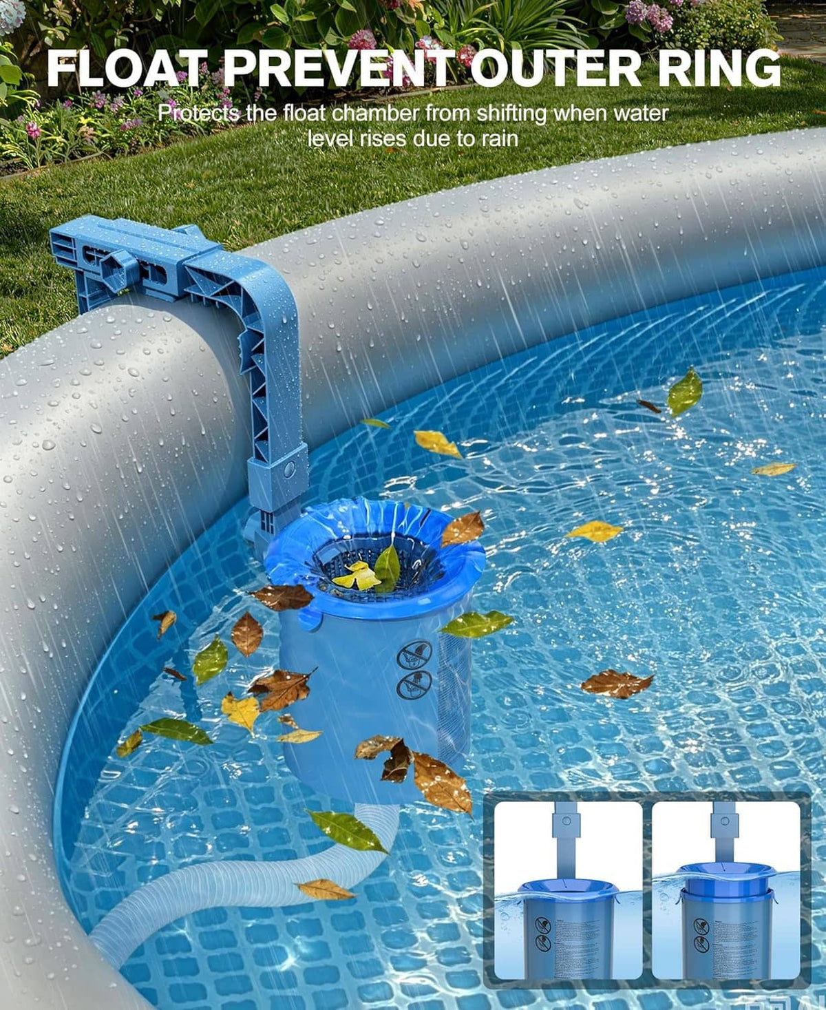 Above-ground pool skimmer with float-prevent outer ring and blue debris skimming basket