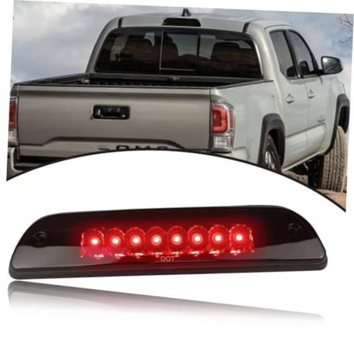 LED third brake light assembly with lit red LED strip in black housing