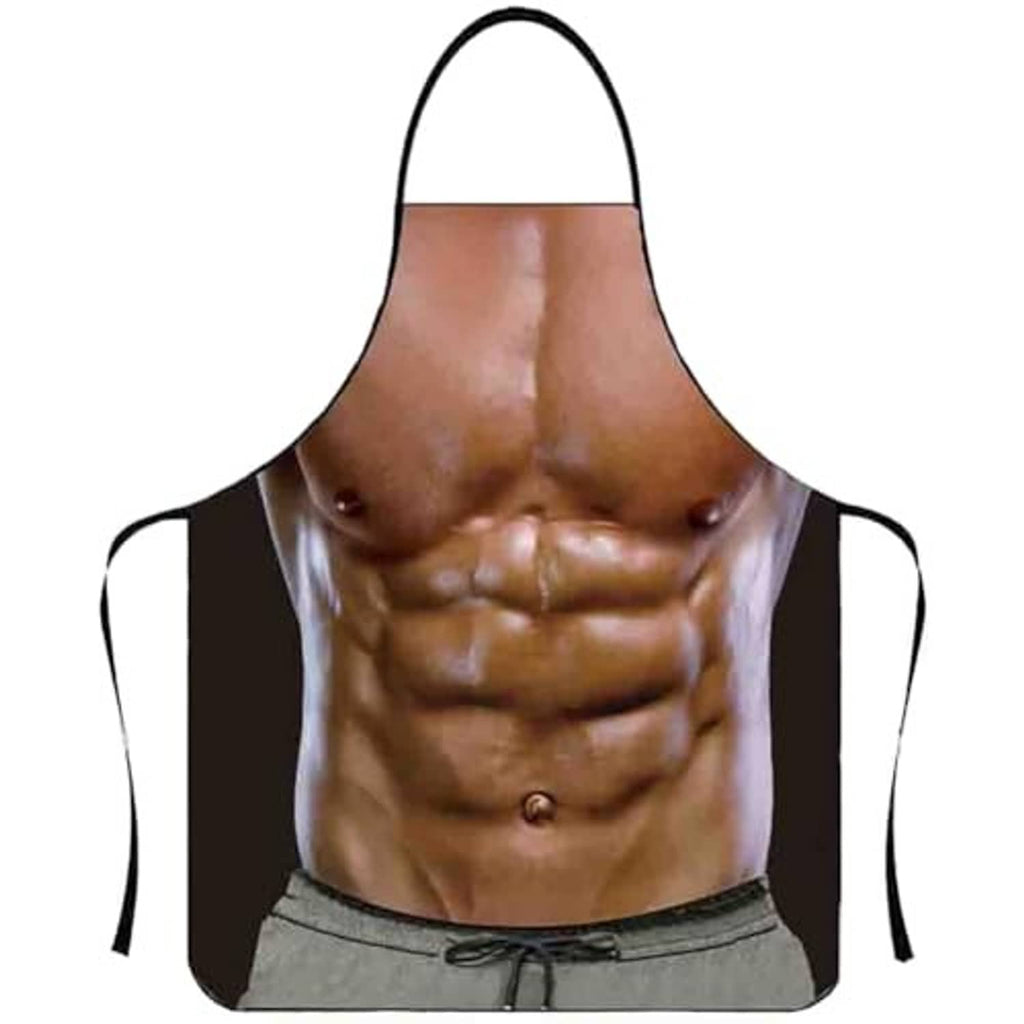 Muscle graphic kitchen apron, sleeveless black side ties, gray drawstring waistband