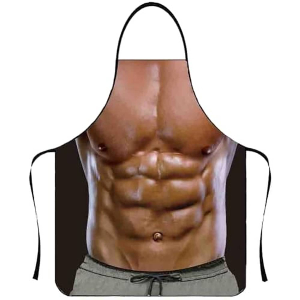 Muscle graphic kitchen apron, sleeveless black side ties, gray drawstring waistband