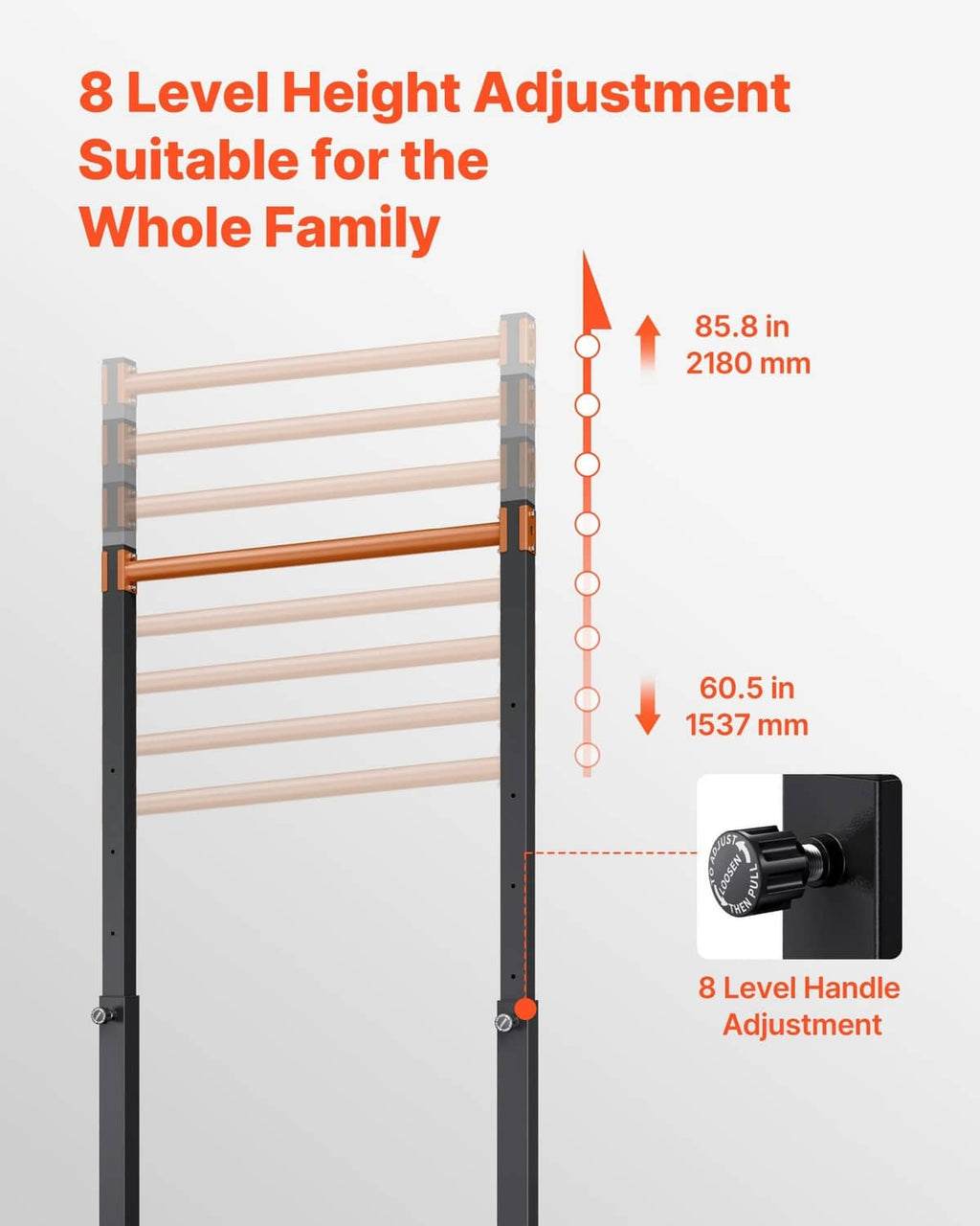 Height-adjustable pull up bar with 8 setting holes, black frame and orange crossbar