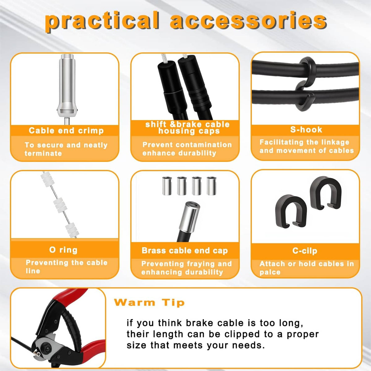 Bike brake cable accessory set with end crimps, caps, clips, and rings
