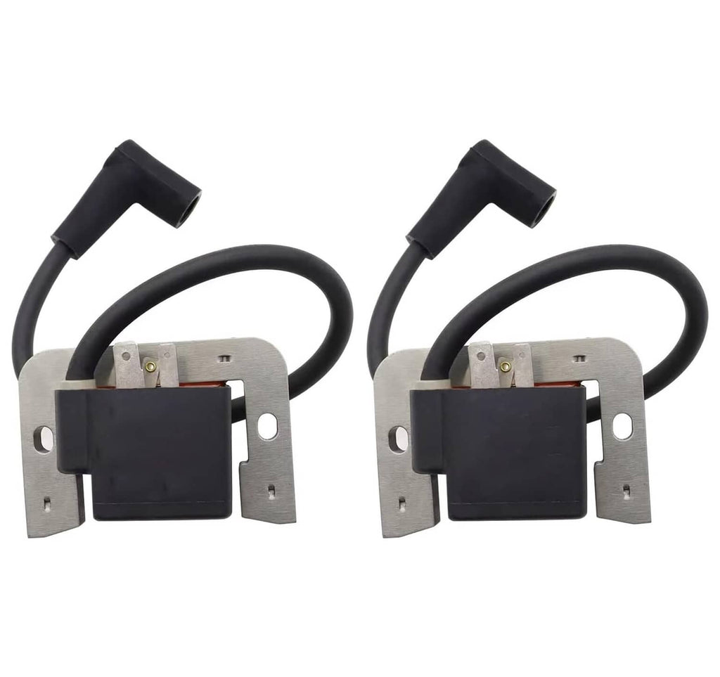 2-piece ignition coil set with black modules on metal brackets, black cable ends
