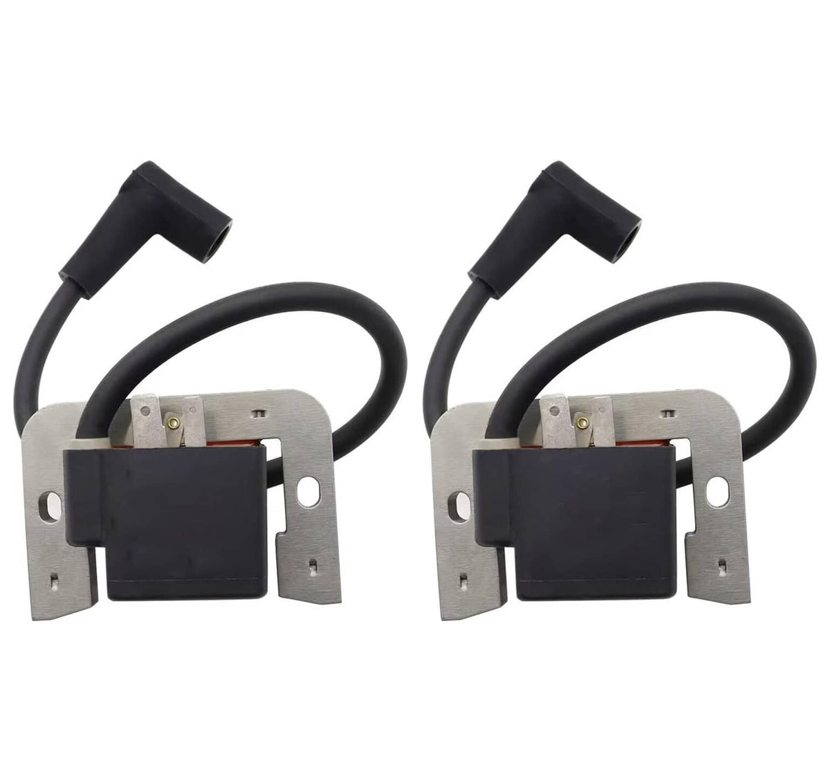 2-piece ignition coil set with black modules on metal brackets, black cable ends