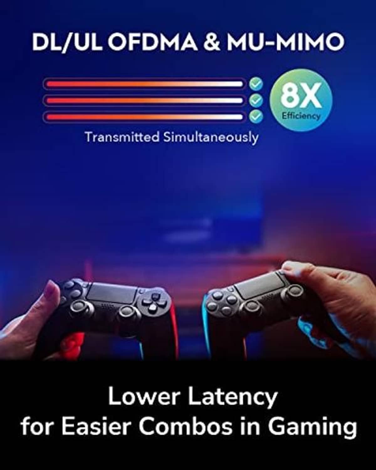 WiFi 6 router feature graphic with router icon and gaming lower-latency theme