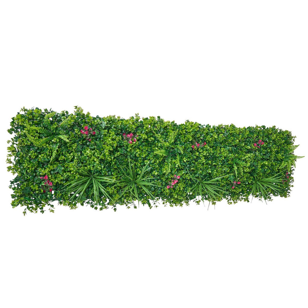 Artificial greenery wall strip with dense green foliage and scattered pink flower accents.