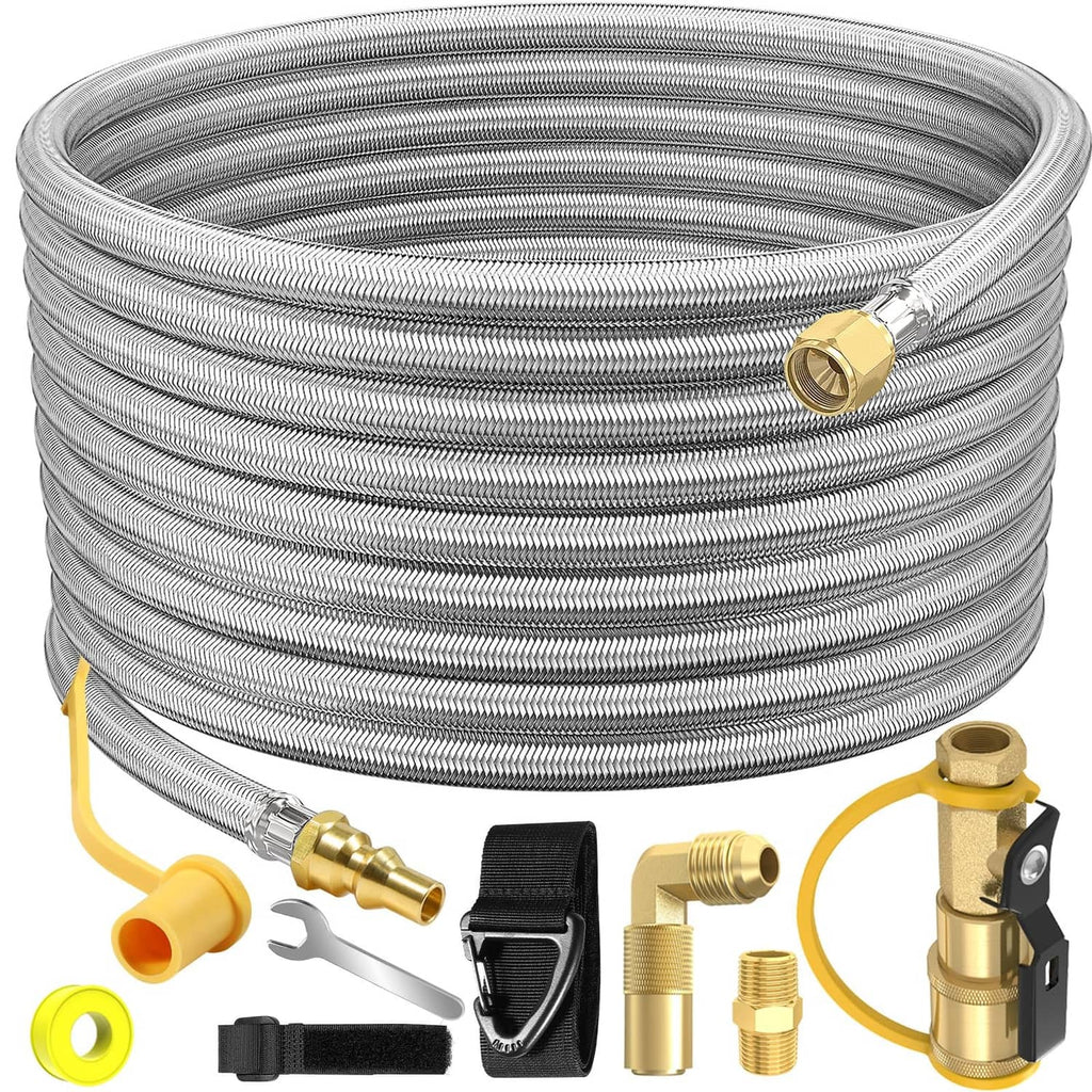 Silver braided stainless propane hose coil with brass quick-connect fitting and adapters