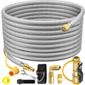 Silver braided stainless propane hose coil with brass quick-connect fitting and adapters