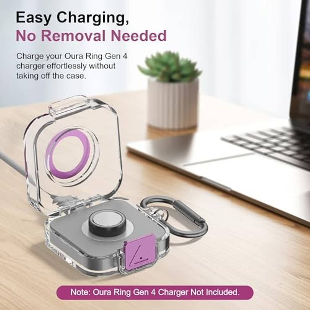 Clear TPU charger protector with purple insert, open lid for charging, carabiner clip