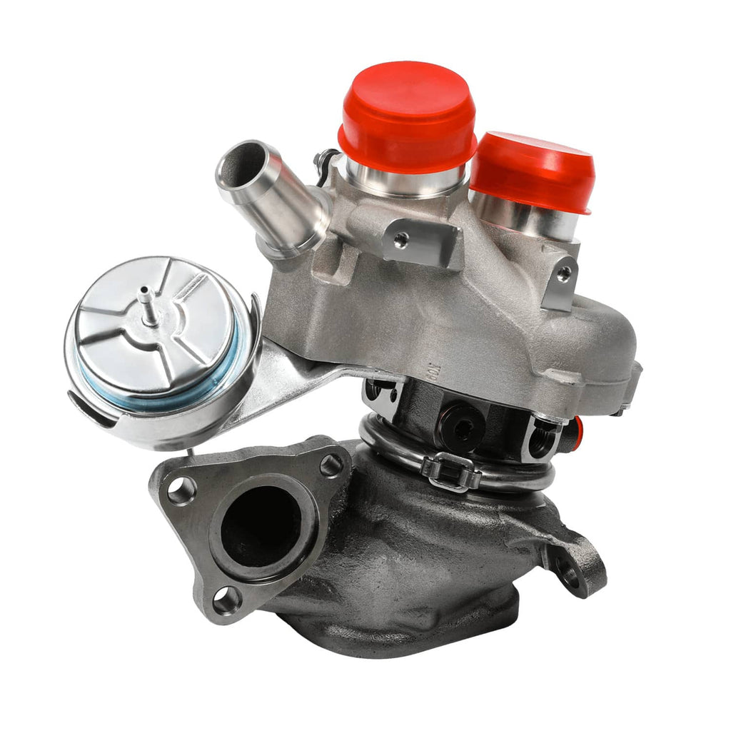 Single turbocharger assembly with red caps, silver metal housing and inlet