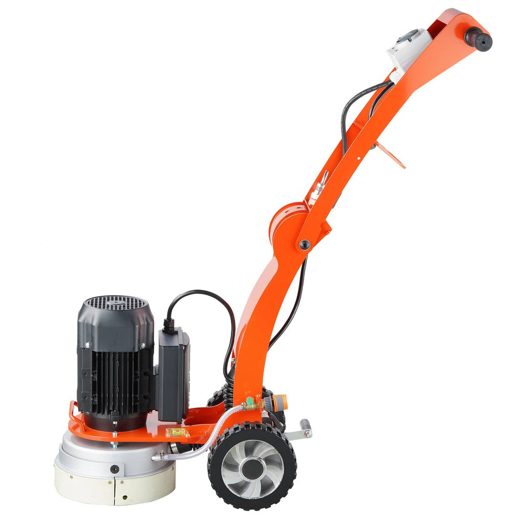 Orange walk-behind concrete floor grinder/polisher with black motor and front traction wheel
