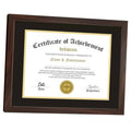 Walnut diploma frame with black mat and gold inner border, holding achievement certificate
