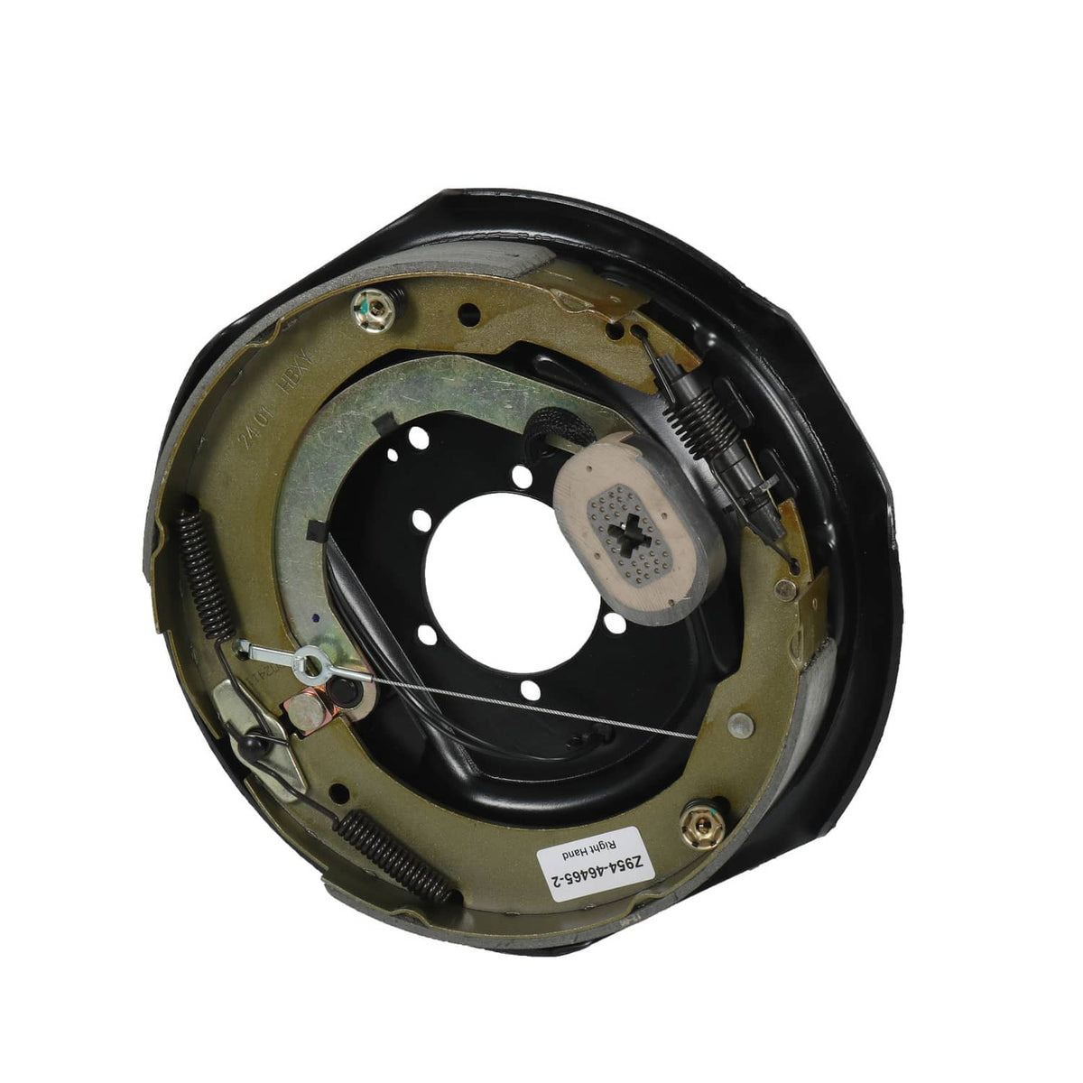 Electric trailer brake backing plate angled view with actuator cap and mounting hardware.