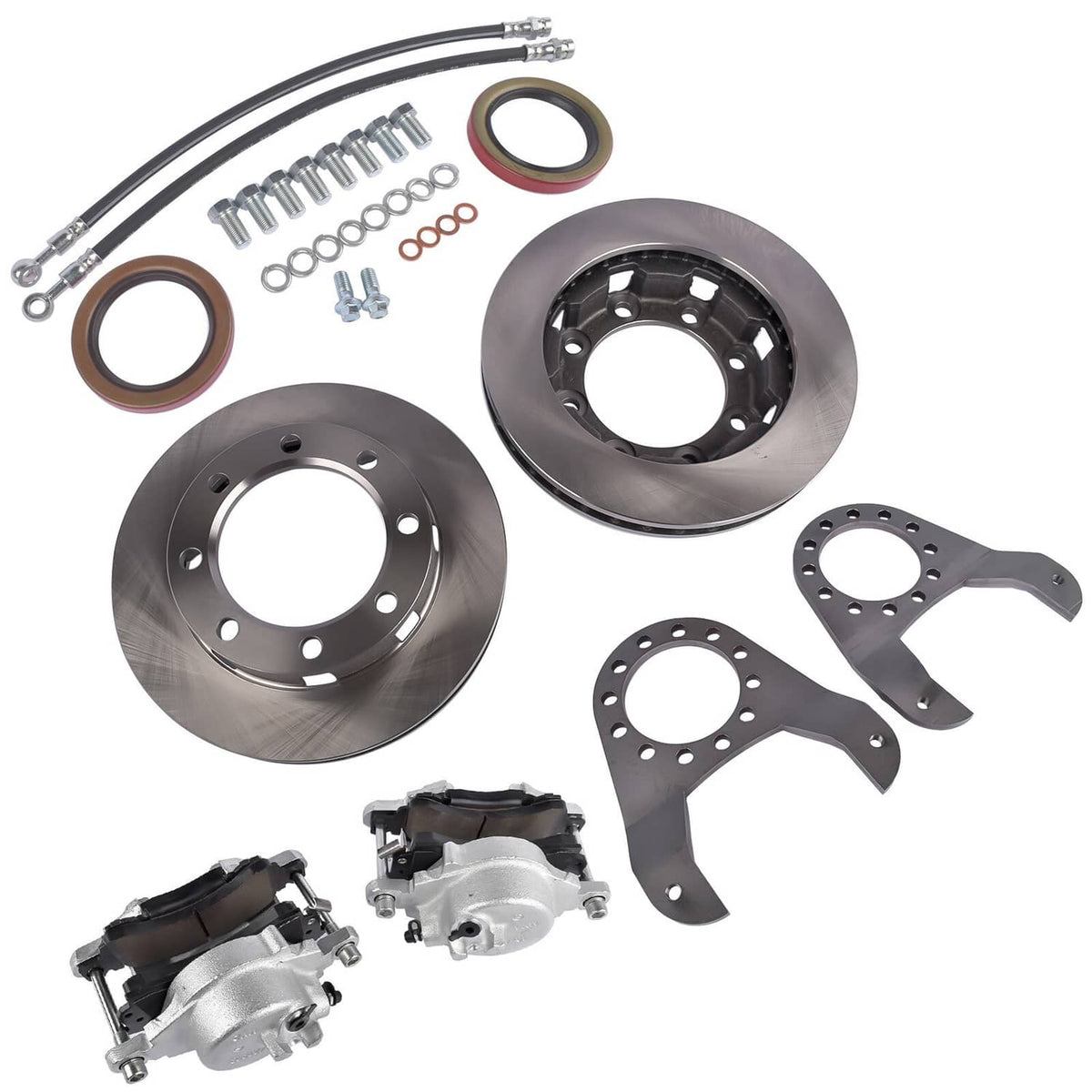 Complete disc brake conversion kit parts kit: rotors, brackets, calipers, and mounting hardware