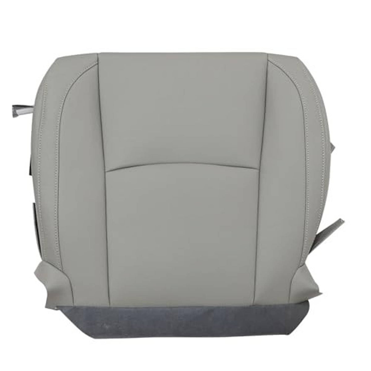 Gray leather seat cover with stitched seams and central cushion panel