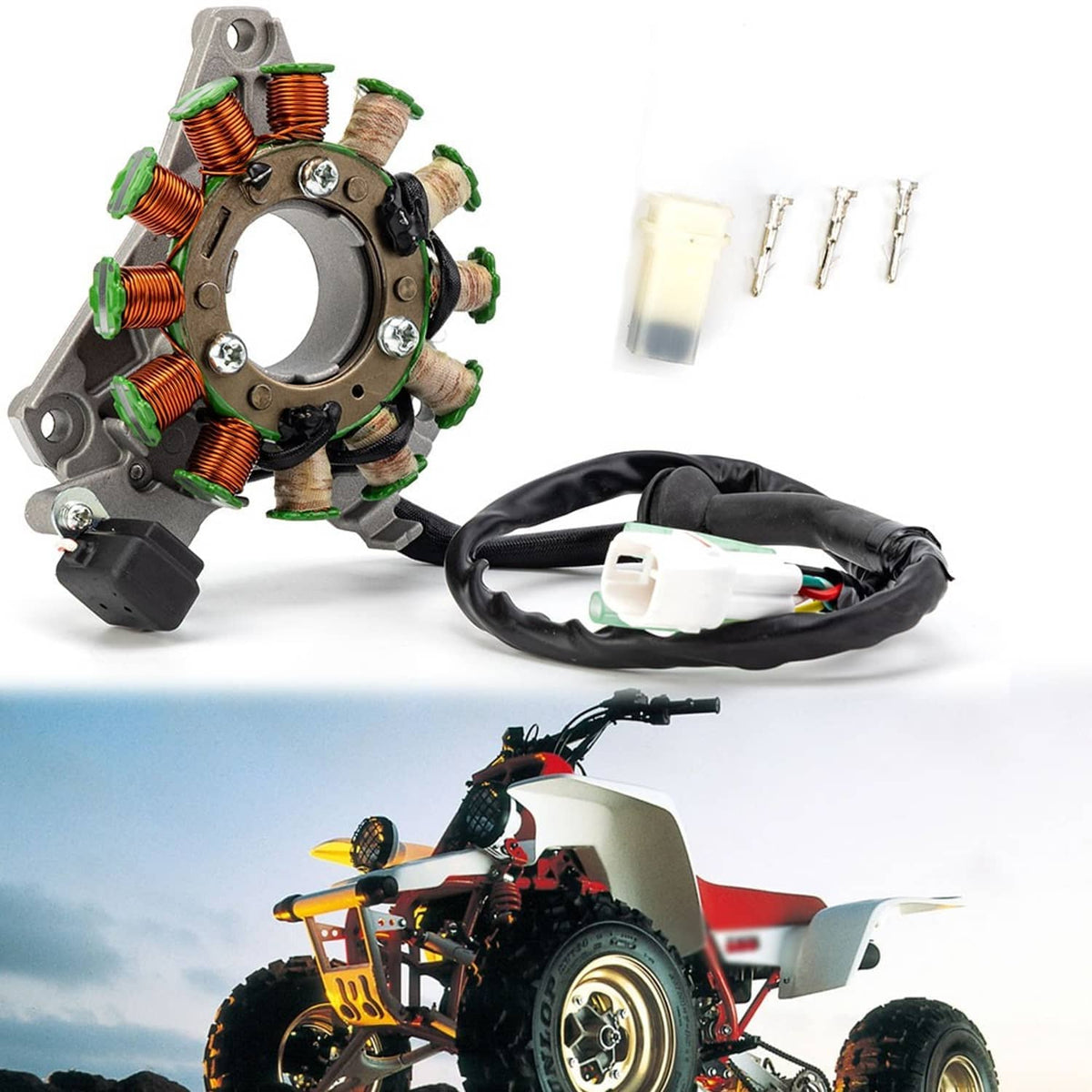 Stator assembly with copper coils, green connectors, black cable, and mounting bracket