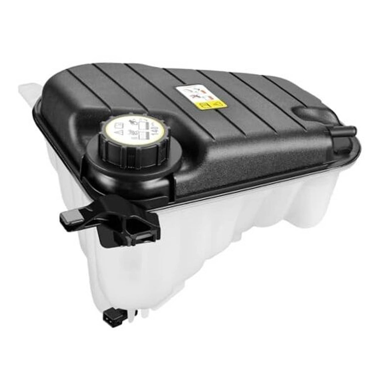 Black coolant overflow tank with white reservoir, round cap and mounting clips