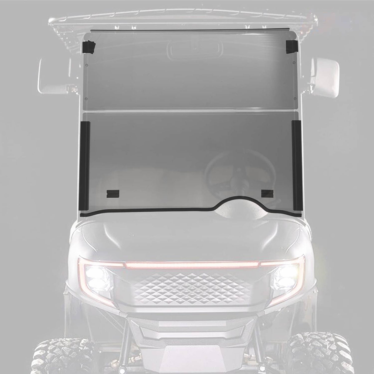 Tinted full front windshield screen with frame, view from the front