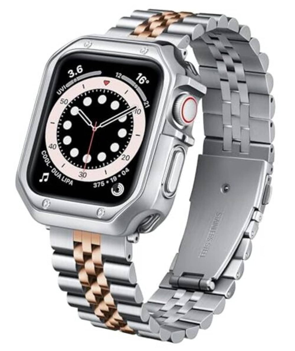 Square smartwatch with silver metal link band and rose-gold striped links