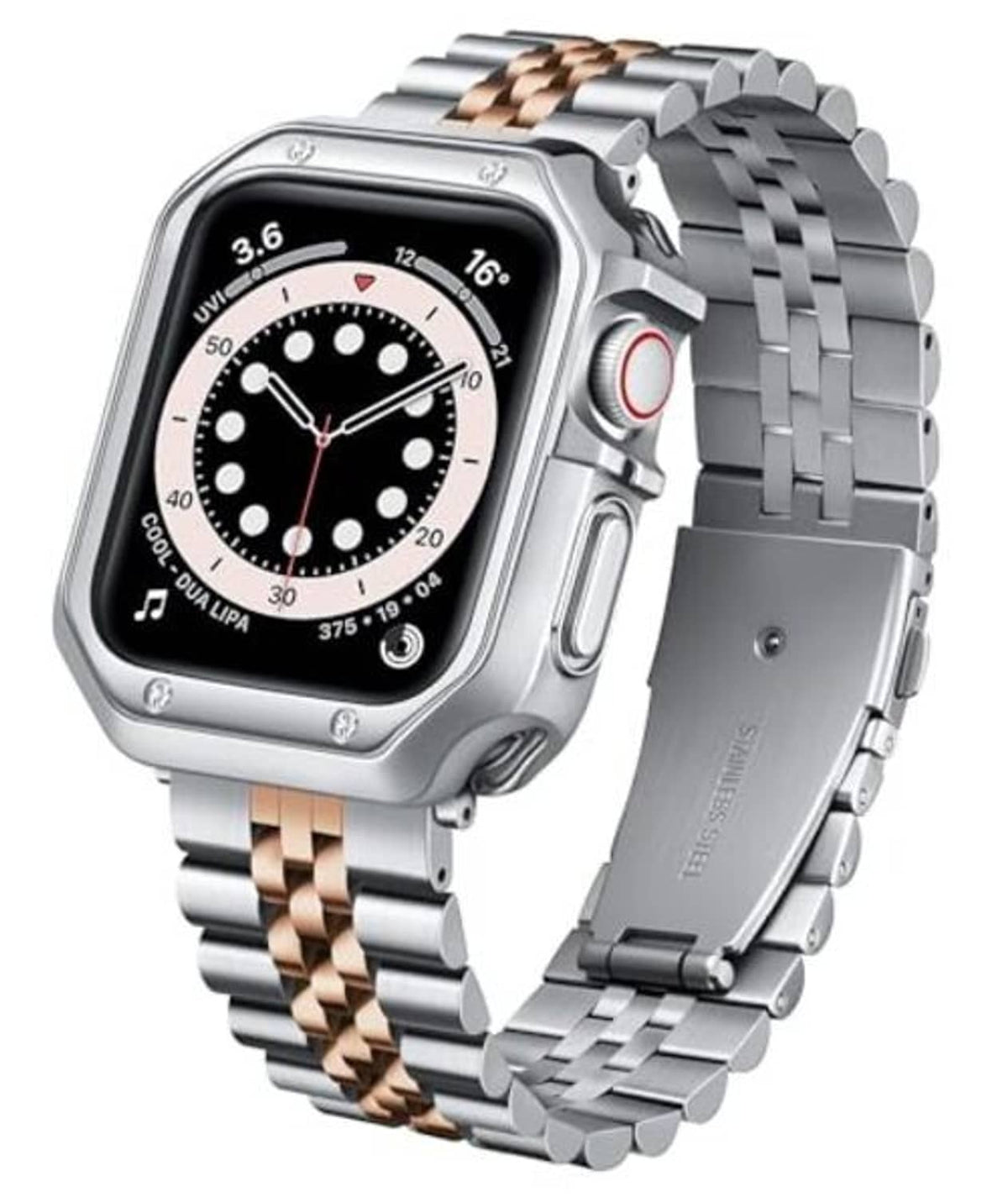Square smartwatch with silver metal link band and rose-gold striped links
