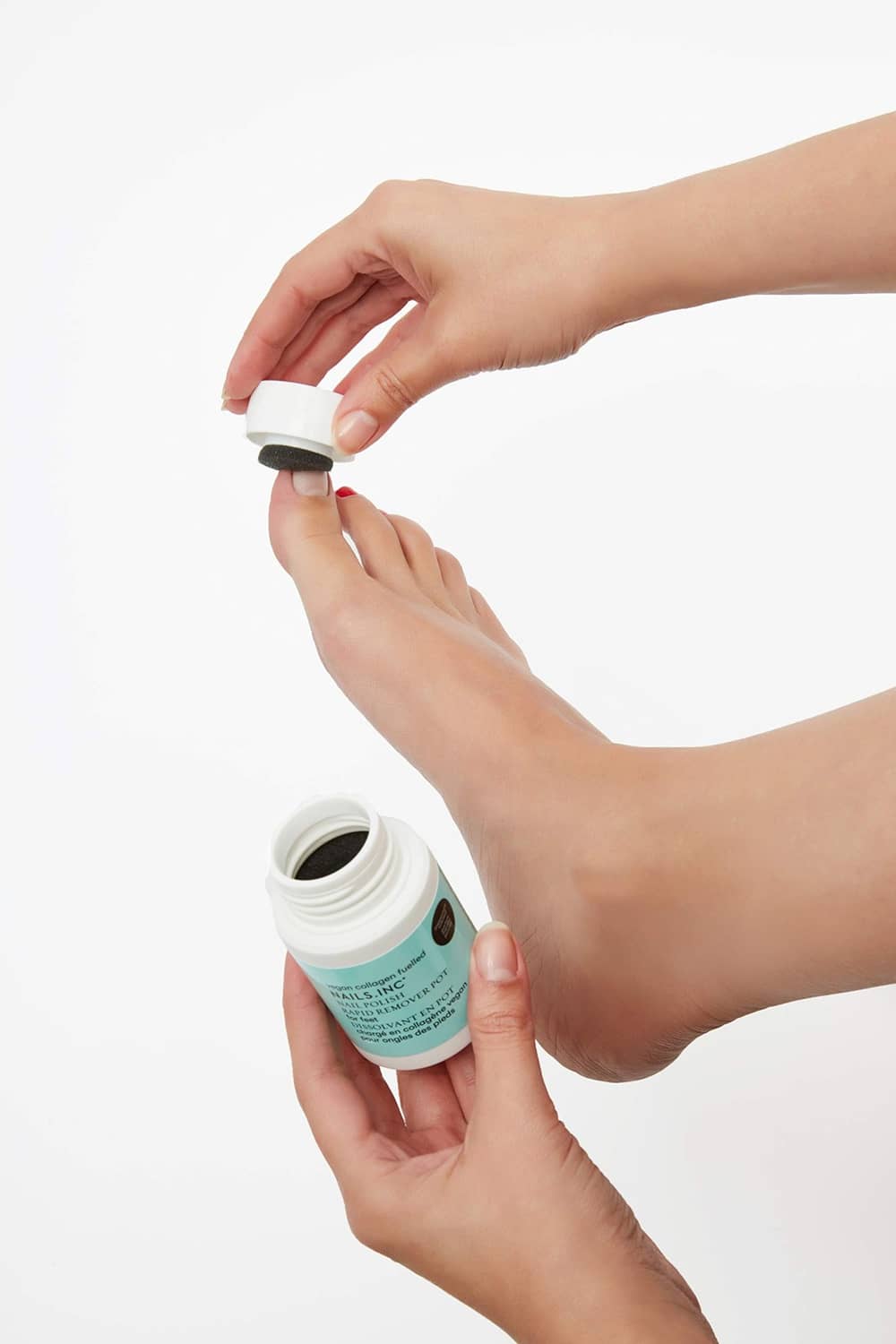 Nail polish remover pot with sponge cap, hands applying to nails