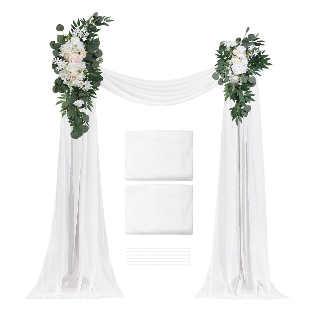 Artificial wedding arch flowers kit with white drapes and green foliage corner garlands
