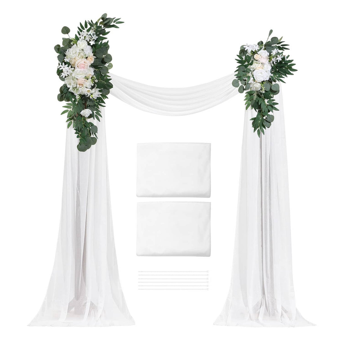 Artificial wedding arch flowers kit with white drapes and green foliage corner garlands