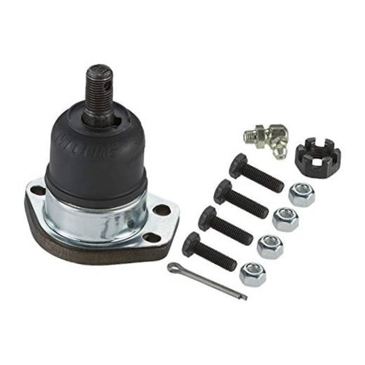 Upper suspension ball joint with black boot and mounting flange, plus hardware kit