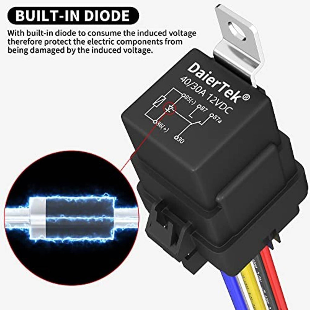 12V relay with built-in diode, black housing, and metal mounting tab