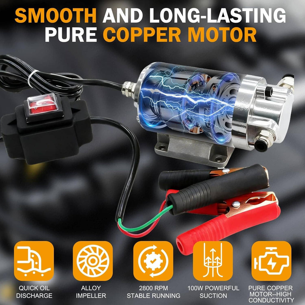 Electric oil extractor pump with silver motor housing, blue hose clamp and wiring
