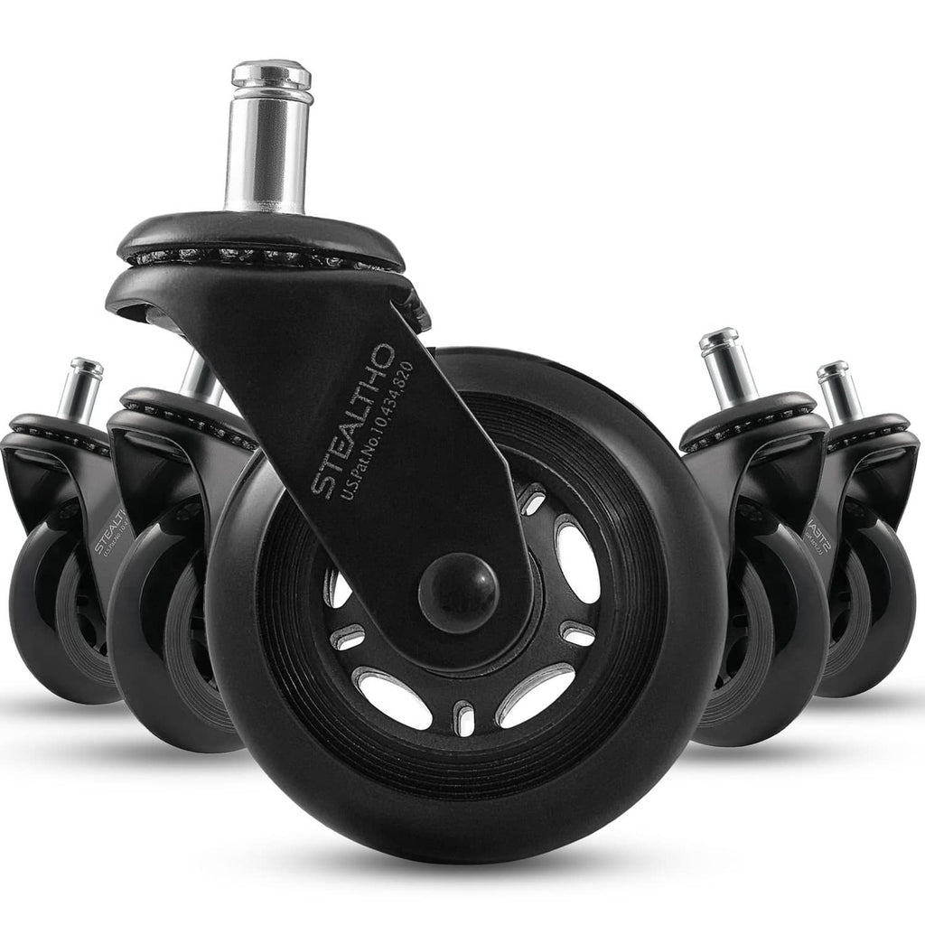 Black office chair wheel set, five caster wheels with metal stem