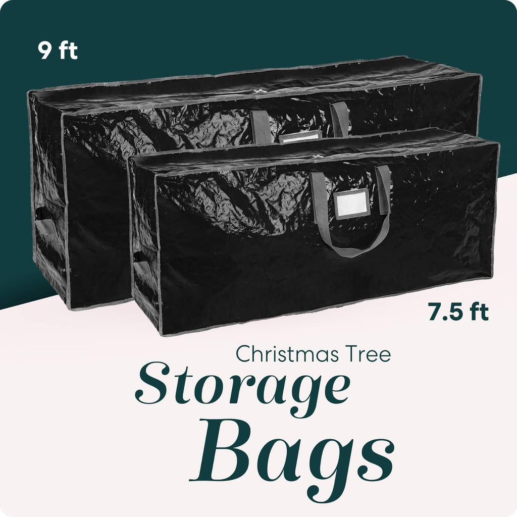 Black Christmas tree storage bag with side handles, 7.5 ft capacity, zip top
