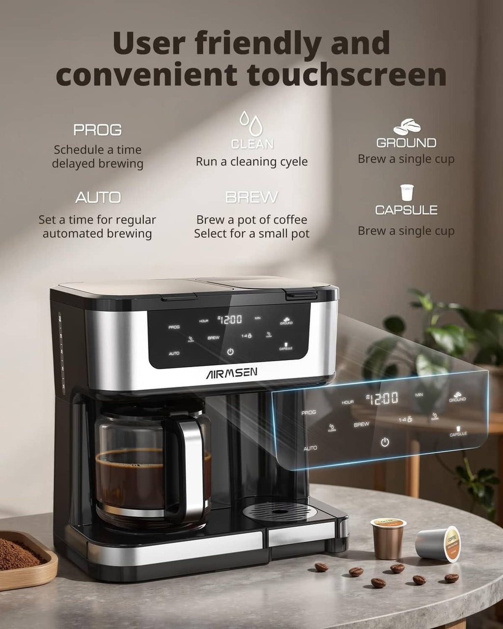 AIRMSEN touchscreen dual coffee maker with glass carafe and reusable filter basket