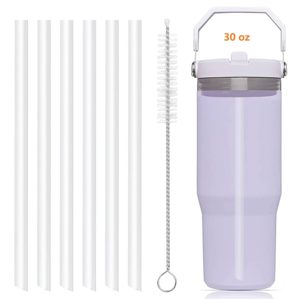 Clear replacement drinking straws with bendable cleaning brush and small metal loop.
