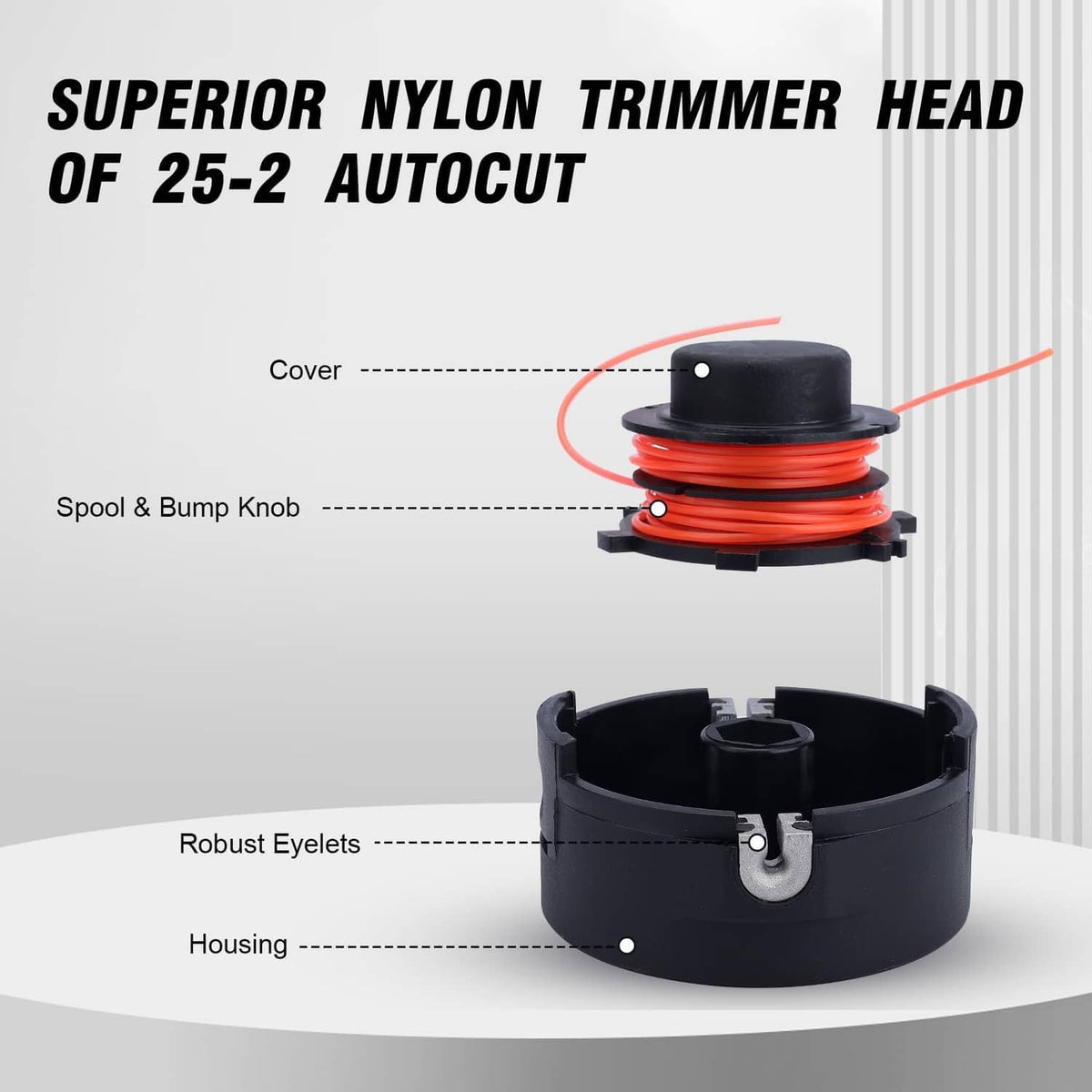 Black trimmer head with open housing, visible spool and orange nylon line