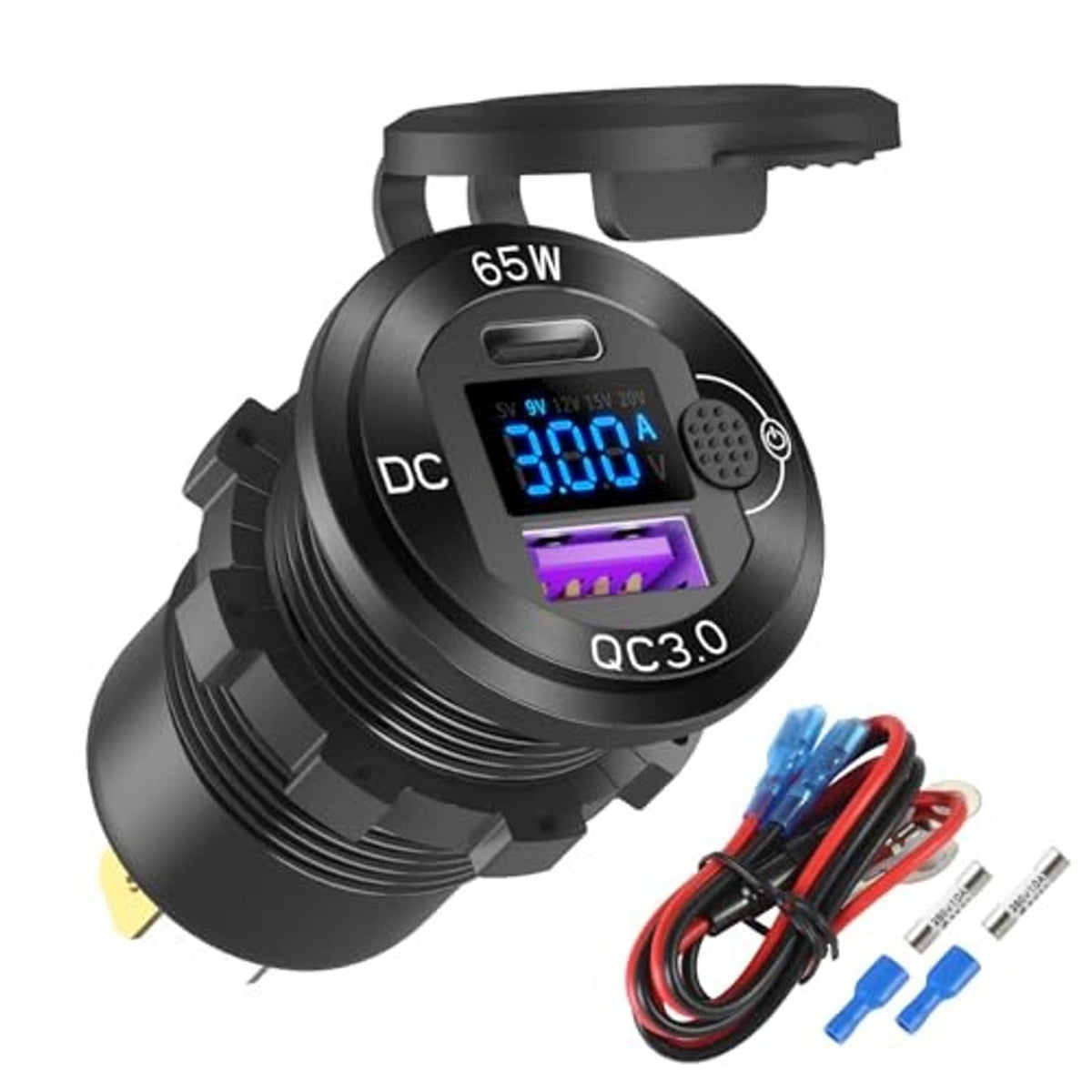 Black 12V car USB charger with LED readout and QC3.0 USB port, 65W