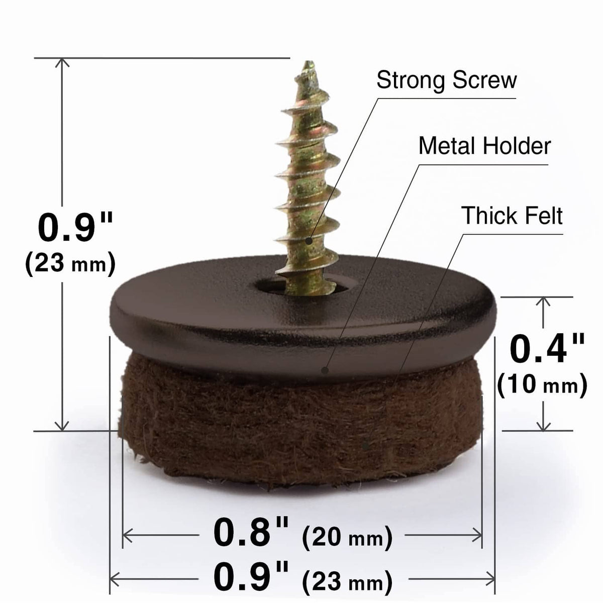 Brown round felt furniture pad with screw, 0.8 in diameter and 0.4 in thick