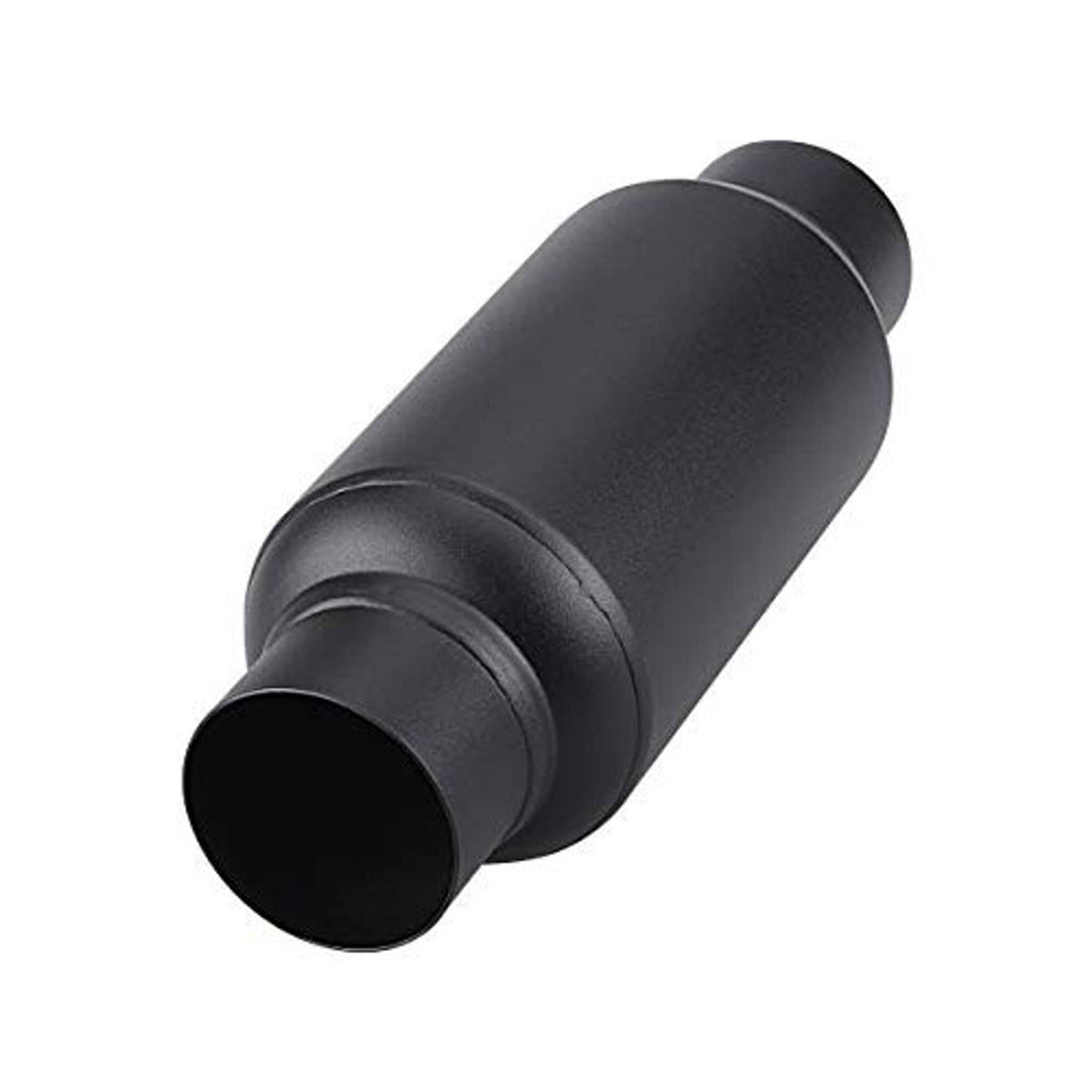 Black cylindrical muffler with 2.5 in inlet/outlet openings at both ends.
