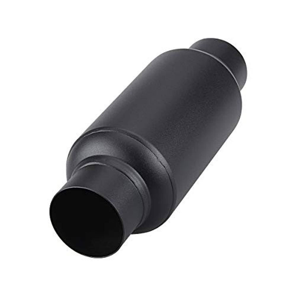 Black cylindrical muffler with 2.5 in inlet/outlet openings at both ends.