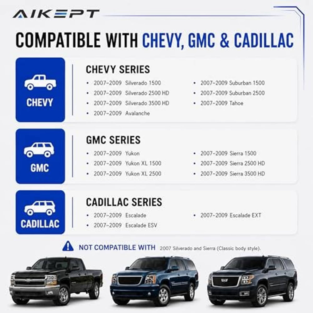 Compatibility chart for door lock actuator motor for Chevy, GMC, and Cadillac vehicles