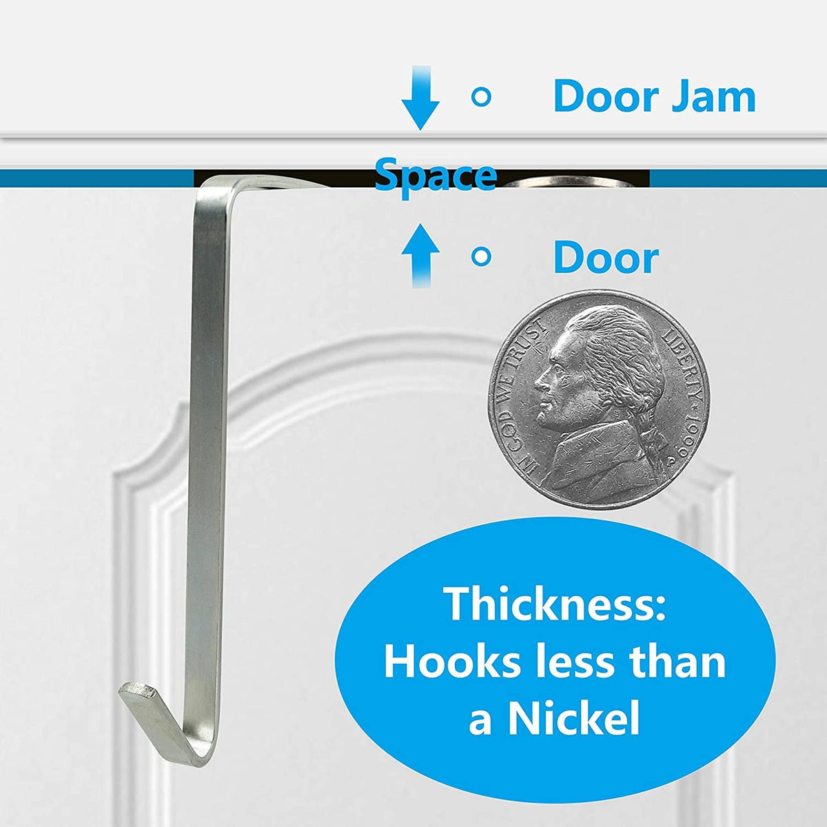 Over-the-door metal hook hanger featuring a raised curved hook for secure door fit