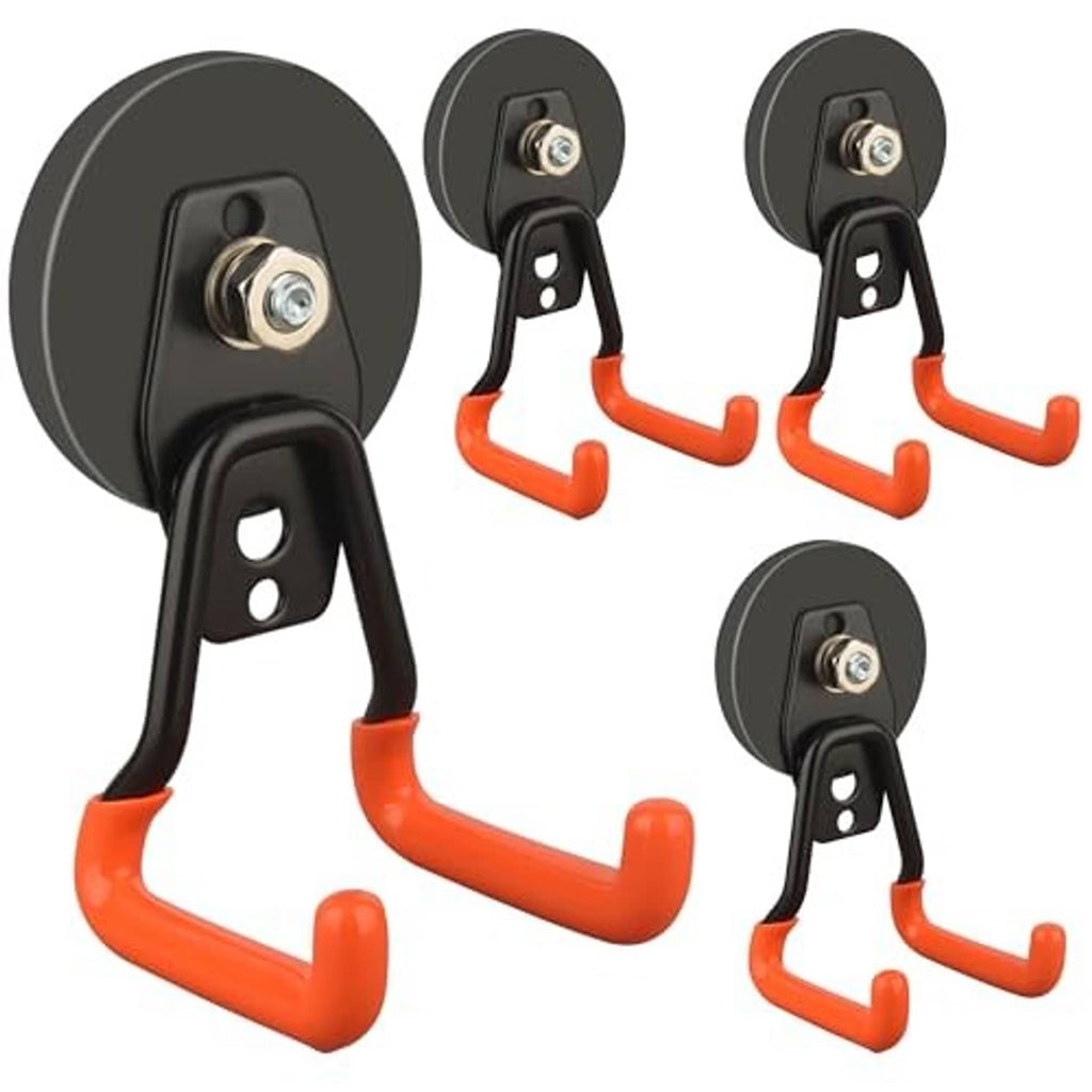 Four orange magnetic hooks with black circular bases and screw mounting plates