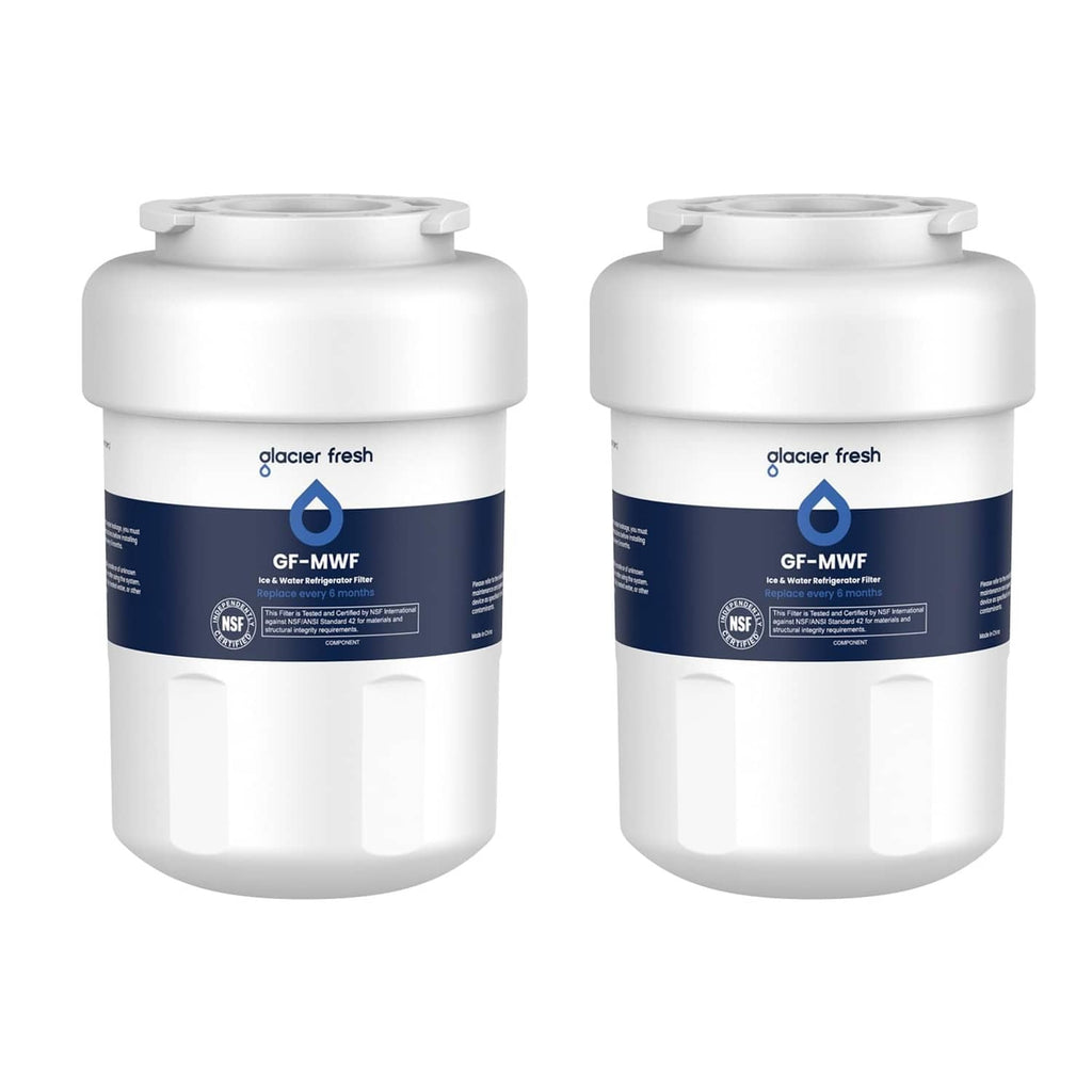 White refrigerator water filter cartridges, two-pack with GF-MWF label
