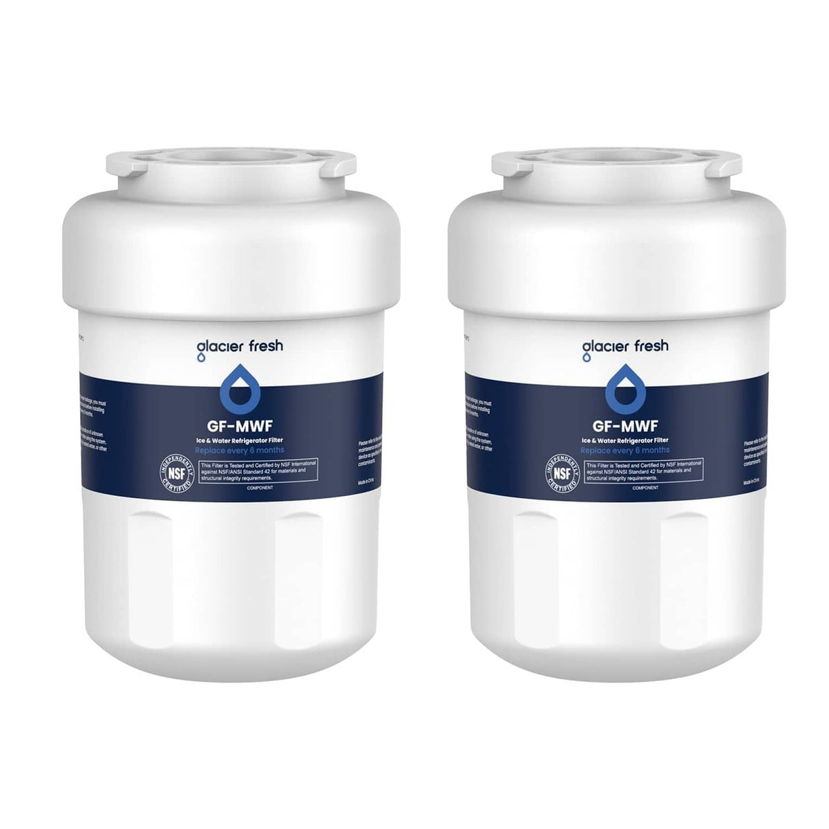 White refrigerator water filter cartridges, two-pack with GF-MWF label