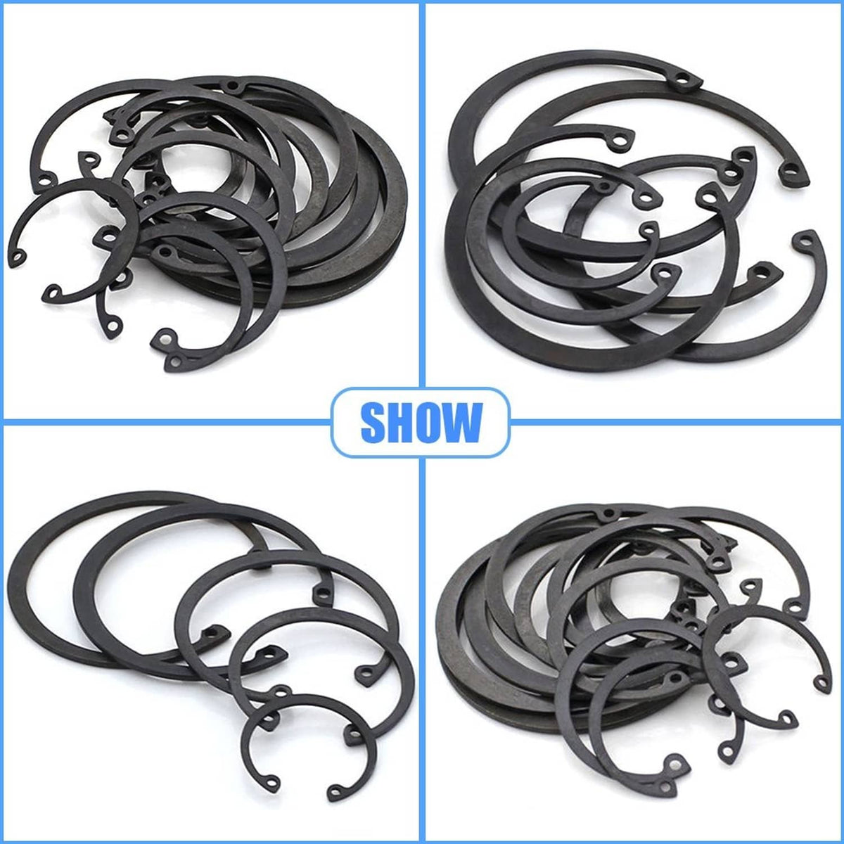 Black internal circlip snap rings laid out, showing circular profile